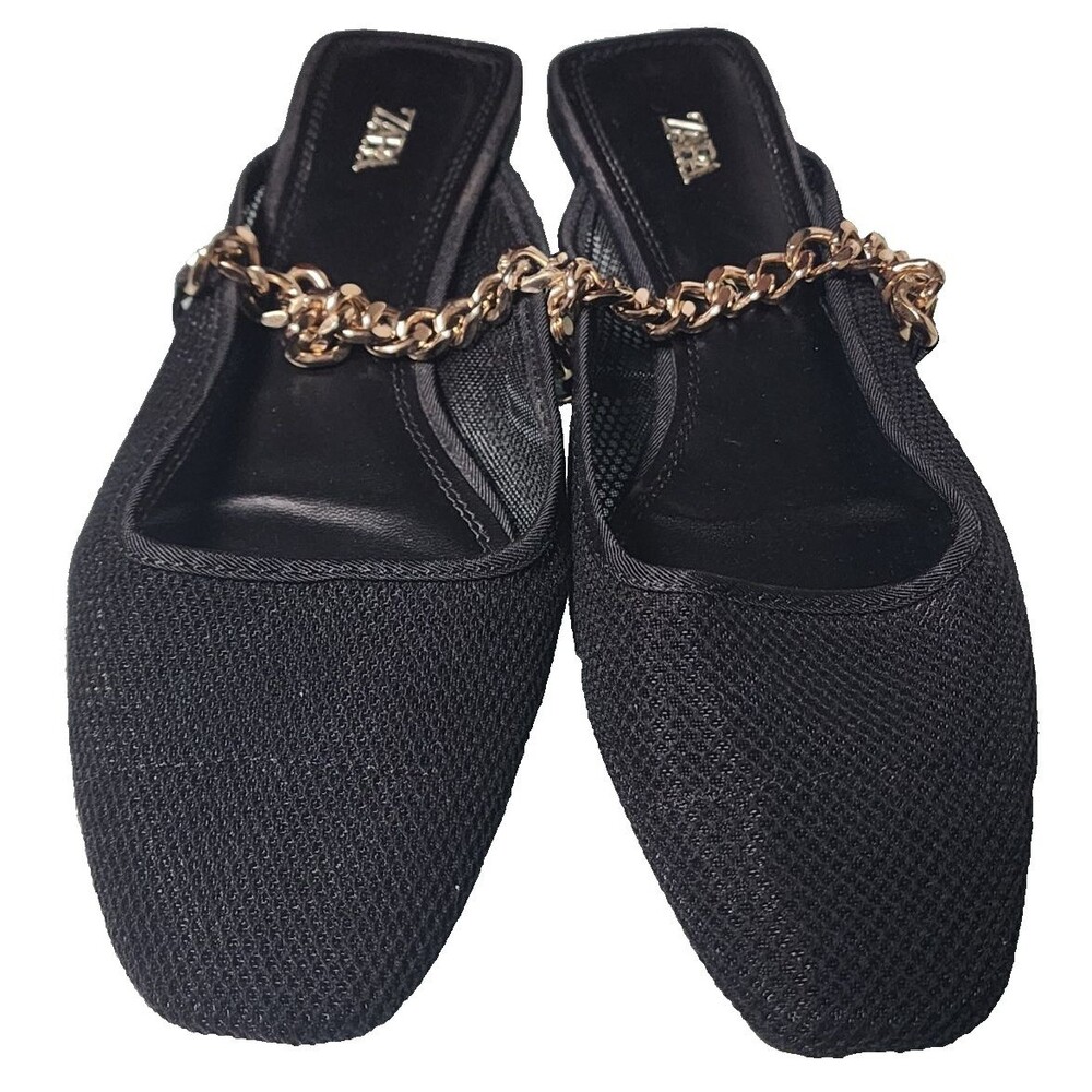 Zara Black Mesh Slide Shoes w/Gold Chain Size EU 39